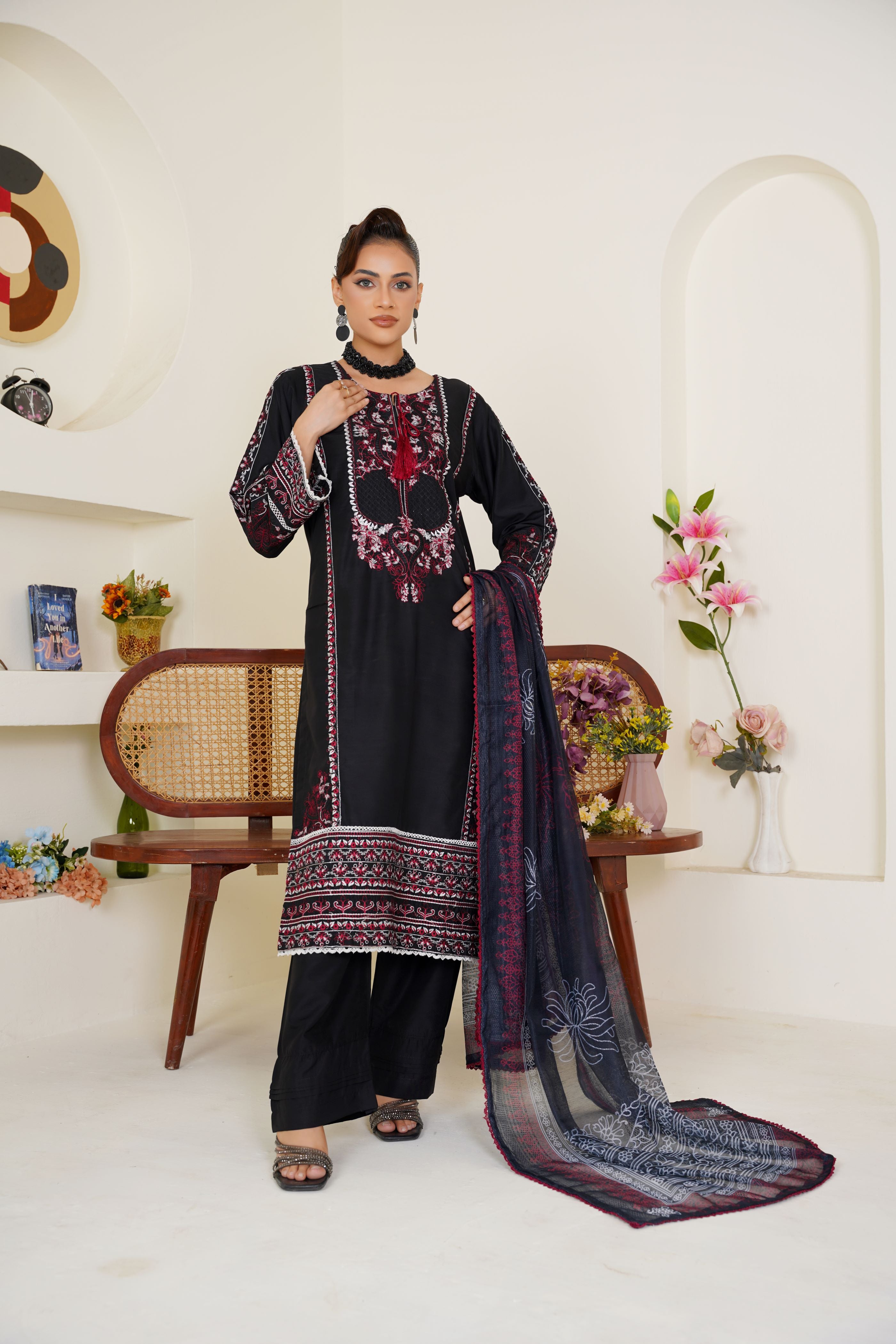 Black and maroon embroidered viscose pret suit - ready to wear - Threads & Weaves