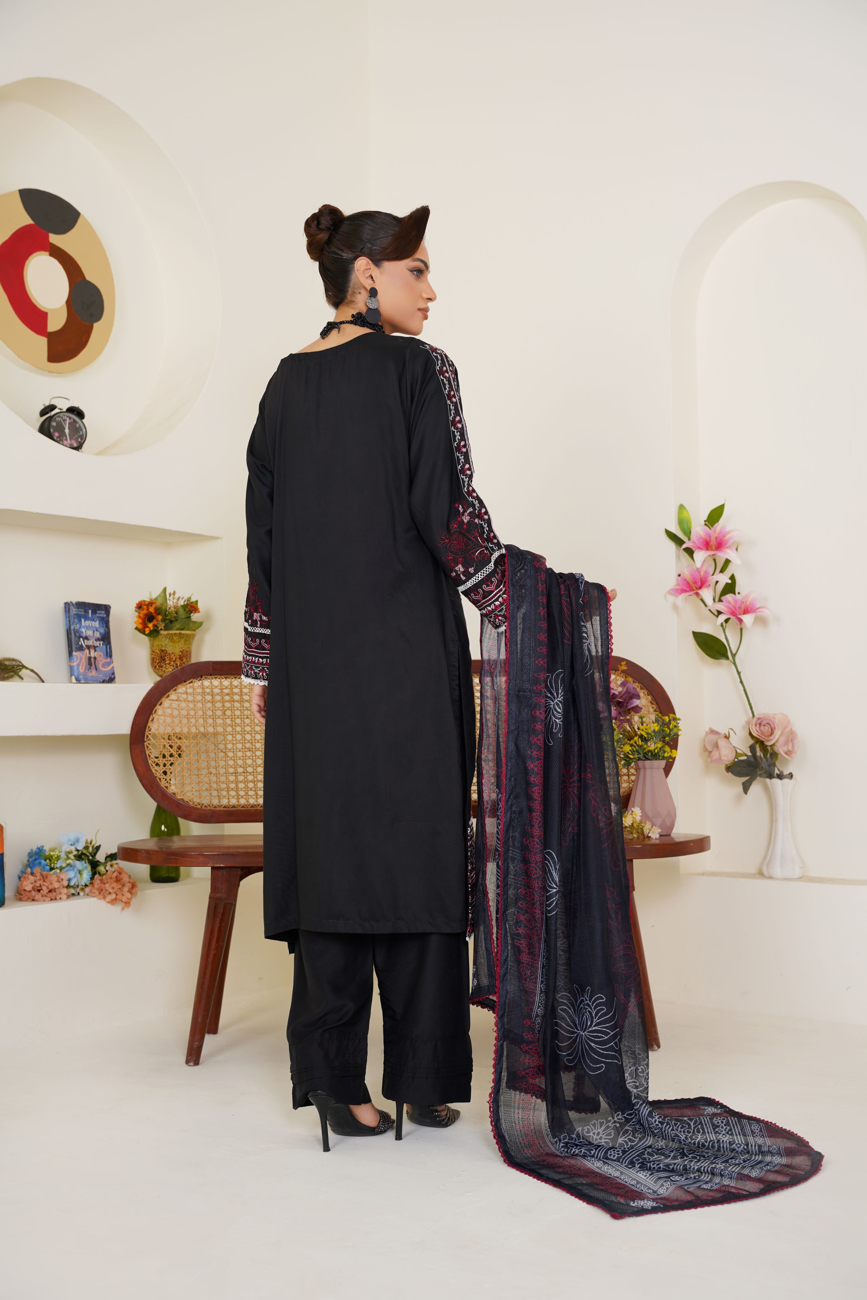 Black & Maroon Embroidered Lawn 3-Piece Pret Suit