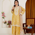 Golden mustard embroidered viscose pret suit - ready to wear - Threads & Weaves