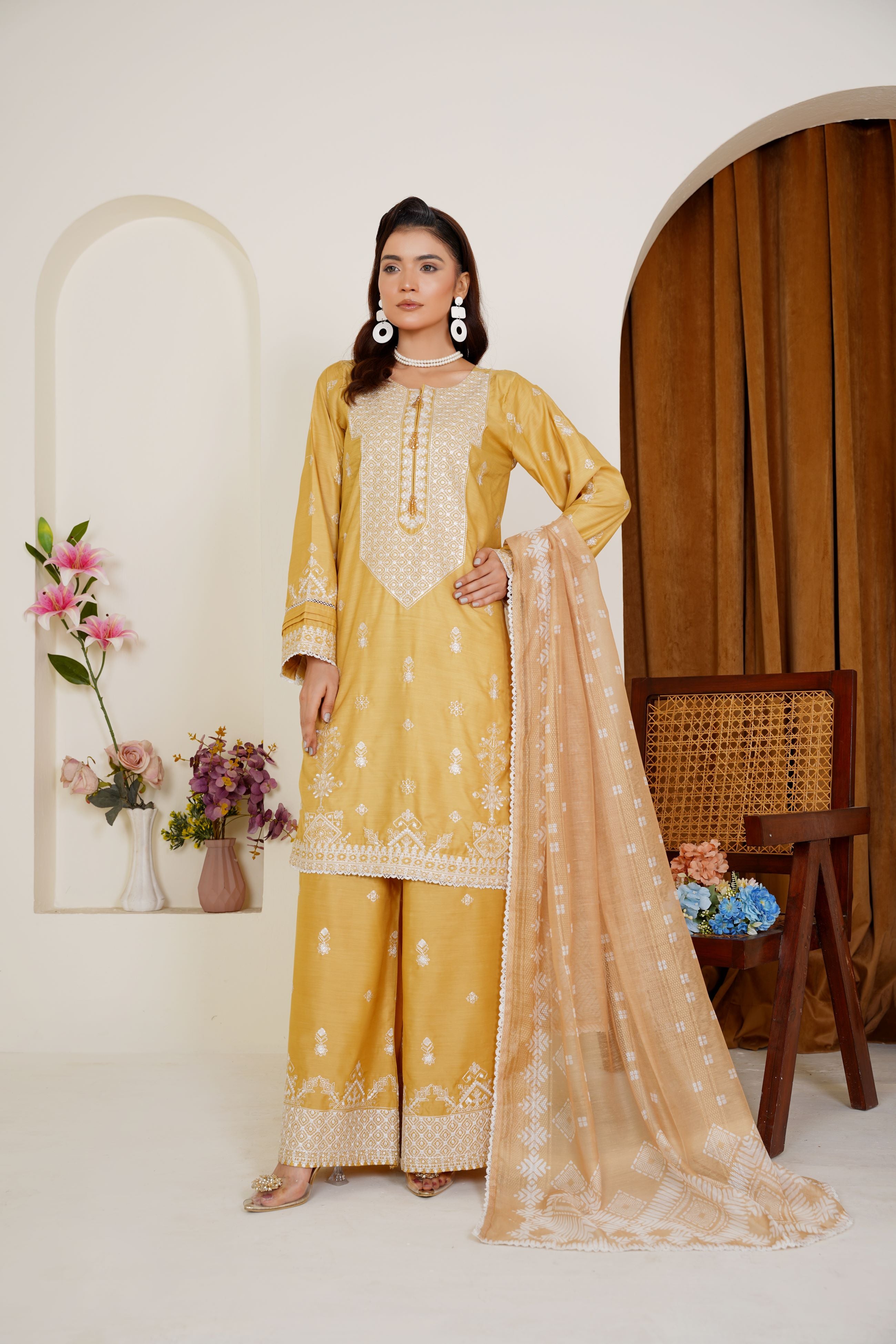 Golden Mustard Embroidered Viscose 3-Piece Pret Suit