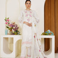 White embroidered lawn suit with floral dupatta - ready to wear - Threads & Weaves