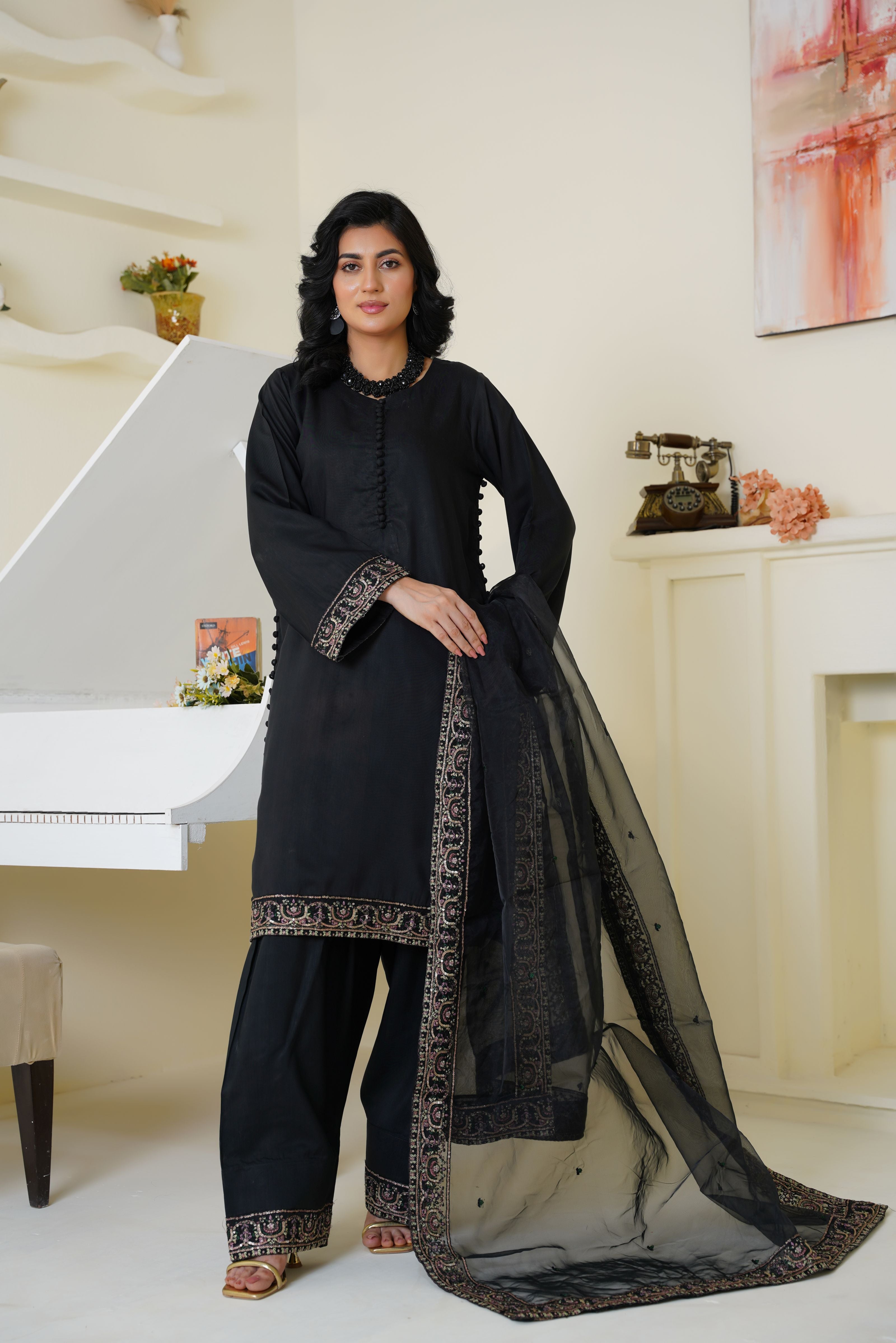 Classic black embroidered viscose suit - ready to wear - Threads & Weaves