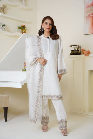 Ivory white embroidered viscose suit - ready to wear - Threads & Weaves