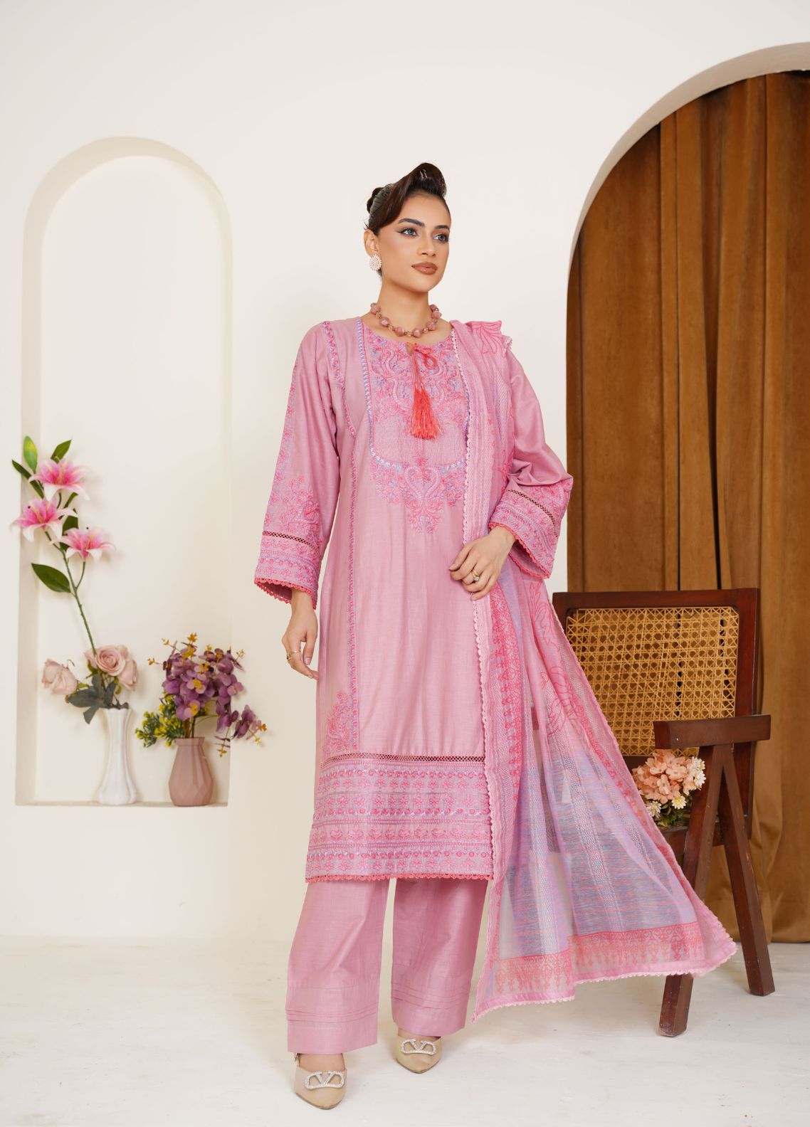 Blush pink embroidered lawn pret suit - ready to wear - Threads & Weaves